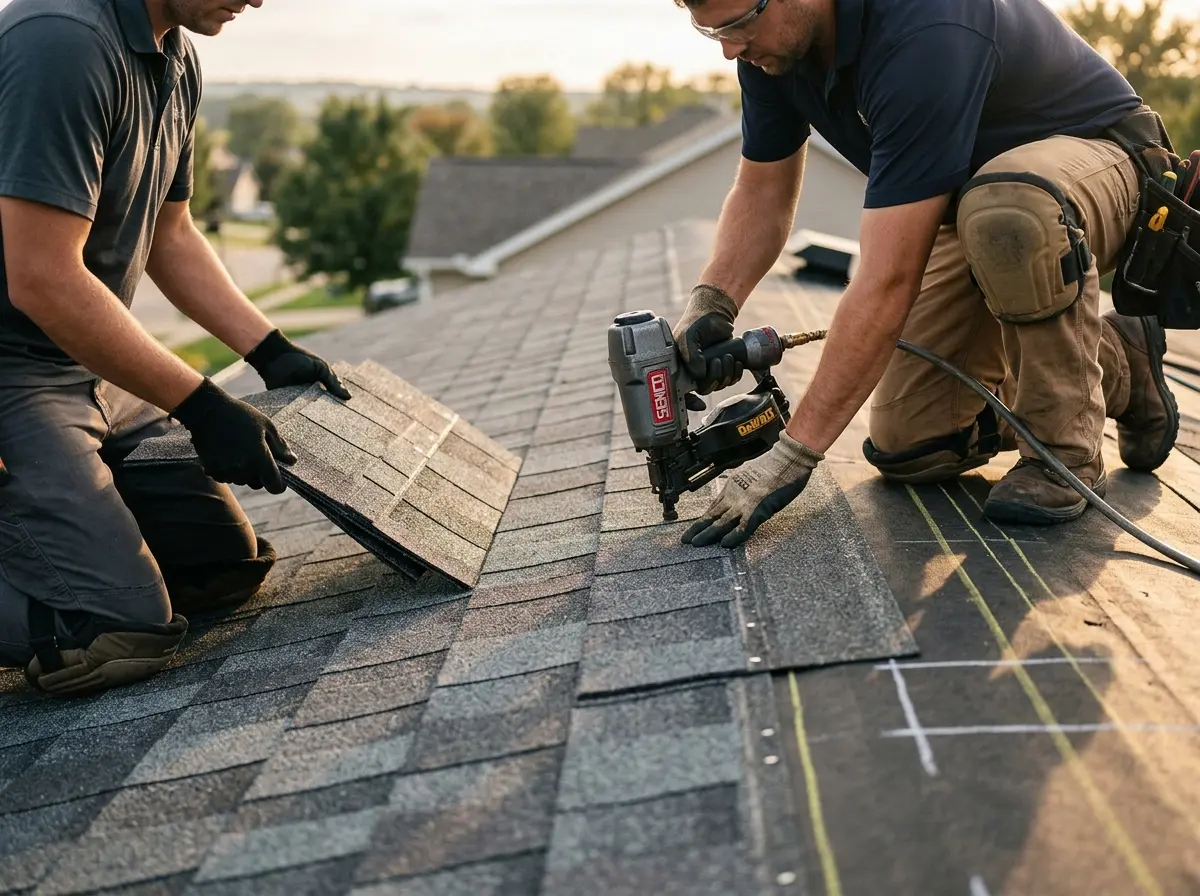 Professional roofer working on a residential roof in Billings
